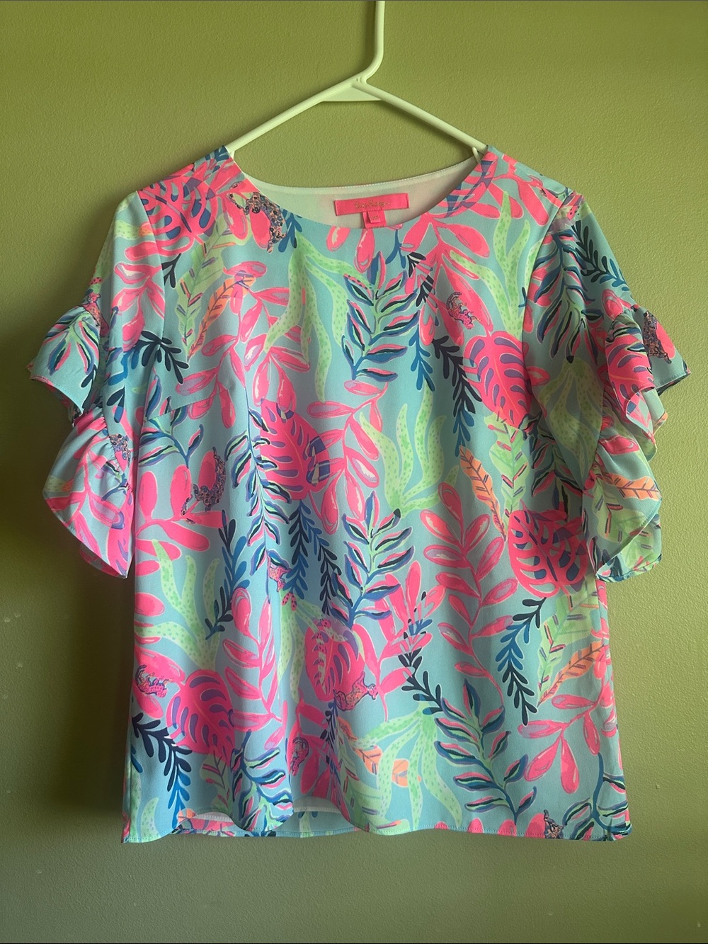 Lilly Pulitzer Pink & Aqua Botanical Ruffle-Sleeve Blouse